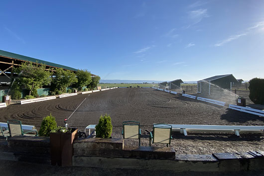 Ground-level view of the outdoor dressage arena showing a groomed dark sand surface, viewing chairs in the foreground, and sprinklers in operation.